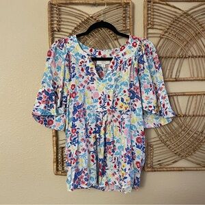Charter Club Luxury Linen Blouse Flutter Sleeve Floral V-neck Cottagecore M B17‎
